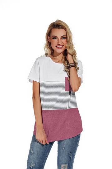 Casual Short Sleeve Round Neck Triple Color Block Stripe T-Shirt - Variegated Color